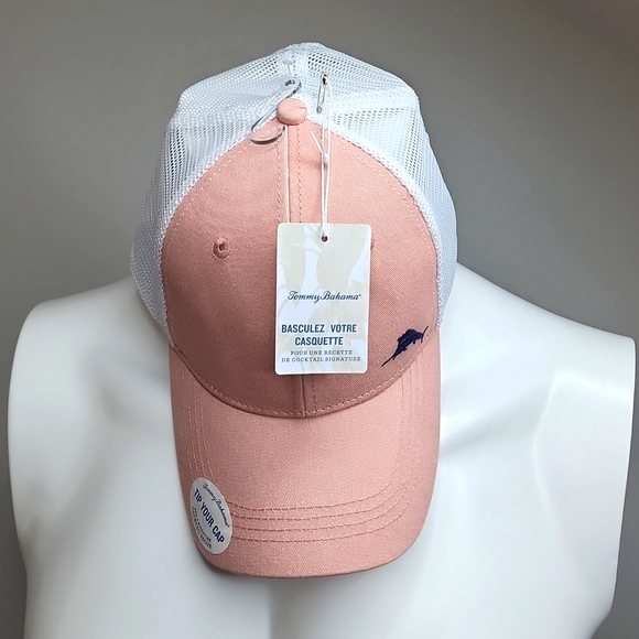 TOMMY BAHAMA CAP HAT, FRONT SALMON WITH WHITE MESH, DRINK RECIPE, LOGO ON NAVY - Picture 2 of 7
